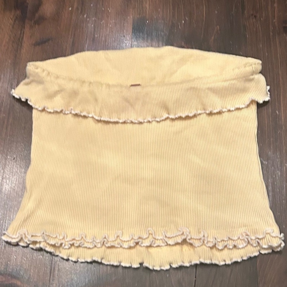 Free People Ellie Tube Top XL Yellow Ribbed Lettuce Trim Strapless Summer Boho - Picture 3 of 6